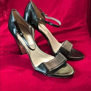 Tahari Black Patent Leather Heels w/Silver-mesh Leather Strap
